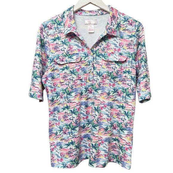 STELLA PARKER Polo Top Medium Pink Palms Print Short Sleeve Stretch Jersey Golf - Picture 1 of 9